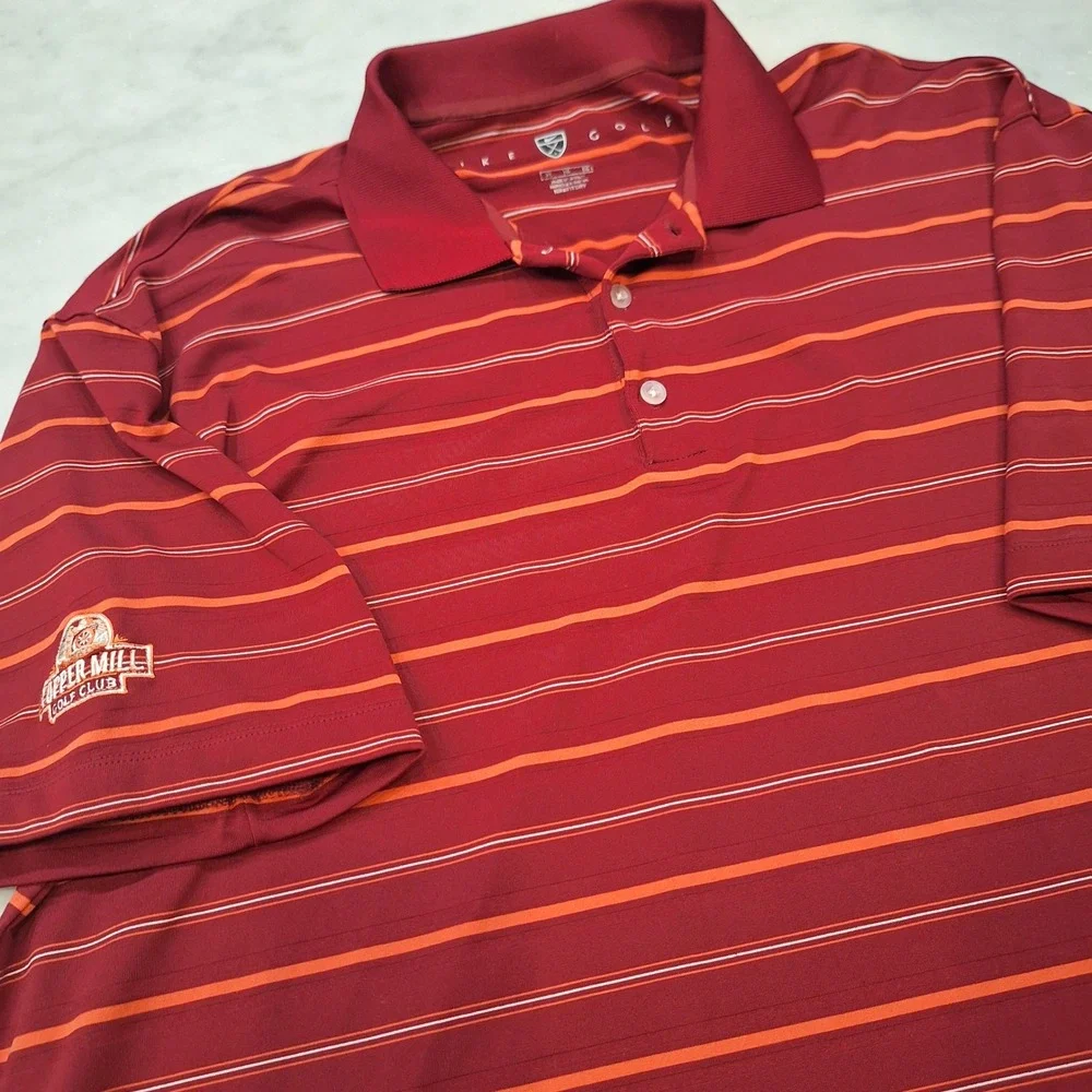 Nike Golf Polo Shirt Mens XL Dark Red Orange Striped Dri-FIT Copper Mill Logo